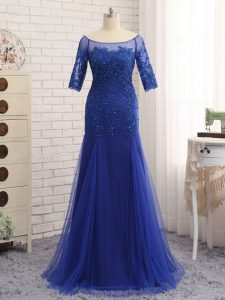 Royal Blue Tulle Zipper Scoop Half Sleeves Lace and Appliques