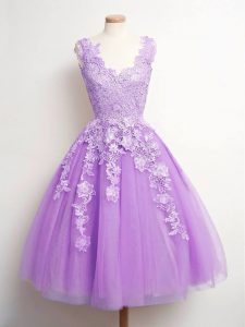 Ideal Lace Court Dresses for Sweet 16 Lavender Lace Up Sleeveless Knee Length