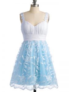 Fancy Light Blue Empire Straps Sleeveless Lace Knee Length Lace Up Lace Quinceanera Dama Dress