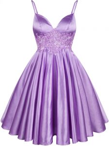 Fine Lilac A-line Lace Damas Dress Lace Up Elastic Woven Satin Sleeveless Knee Length