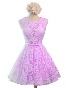 Dazzling Lilac Lace Lace Up Scoop Sleeveless Knee Length Court Dresses for Sweet 16 Belt
