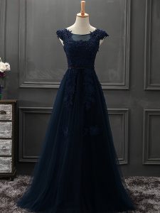 Navy Blue A-line Tulle Scoop Sleeveless Appliques Floor Length Lace Up Prom Dress