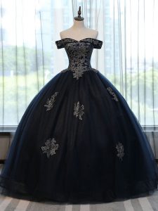 Fabulous Floor Length Lace Up Quinceanera Dress Navy Blue for Military Ball and Sweet 16 and Quinceanera with Appliques