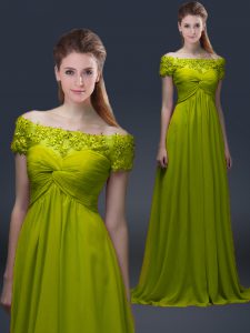 Hot Sale Olive Green A-line Off The Shoulder Short Sleeves Satin Floor Length Lace Up Appliques Evening Dress