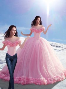 Nice Baby Pink Ball Gowns Off The Shoulder Sleeveless Tulle Brush Train Lace Up Hand Made Flower 15th Birthday Dress