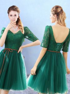 Green Tulle Backless V-neck Half Sleeves Knee Length Damas Dress Lace
