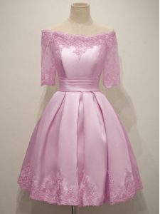 Lilac Half Sleeves Lace Knee Length Quinceanera Court of Honor Dress