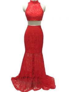 Excellent Red Zipper Halter Top Lace Prom Dresses Lace Sleeveless Brush Train