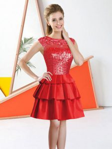 Trendy Red Sleeveless Beading and Lace Knee Length Dama Dress for Quinceanera