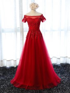 Spectacular Red Evening Dress Prom and Party with Lace and Appliques Off The Shoulder Short Sleeves Lace Up