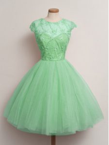 Comfortable Ball Gowns Dama Dress for Quinceanera Turquoise Scoop Tulle Cap Sleeves Knee Length Lace Up