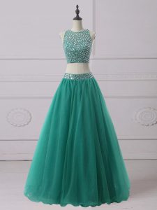 Sleeveless Tulle Floor Length Zipper Homecoming Dress in Green with Beading
