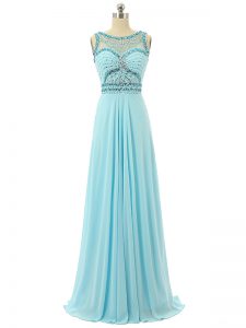 Scoop Sleeveless Prom Gown Floor Length Beading Aqua Blue Chiffon