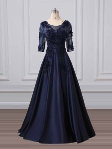 Eye-catching Navy Blue 3 4 Length Sleeve Brush Train Lace and Appliques Prom Evening Gown