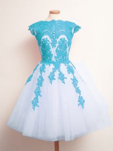 A-line Quinceanera Dama Dress Blue And White Scalloped Tulle Sleeveless Knee Length Lace Up