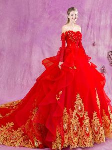 Red Tulle Lace Up Quinceanera Gowns Sleeveless Court Train Appliques and Ruffles