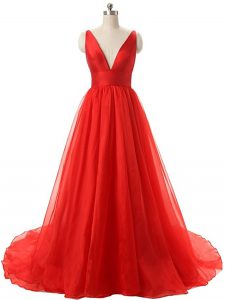 Top Selling Brush Train A-line Prom Dresses Red V-neck Organza Sleeveless Backless