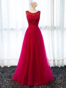 Fuchsia Tulle Lace Up Scoop Sleeveless Floor Length Evening Dress Beading and Belt