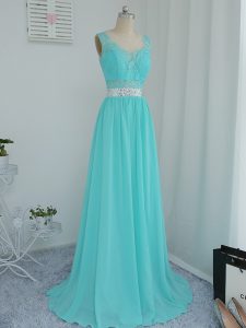 Edgy Aqua Blue Empire Scoop Sleeveless Chiffon Sweep Train Side Zipper Beading and Lace Quinceanera Court Dresses