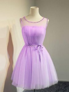 Fitting Knee Length Lavender Dama Dress for Quinceanera Scoop Sleeveless Lace Up