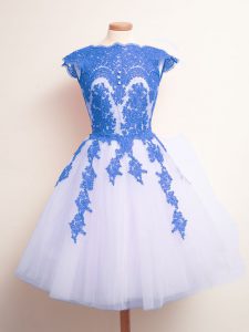 A-line Damas Dress Blue And White Scalloped Tulle Sleeveless Knee Length Lace Up