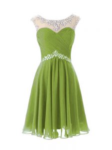 Olive Green A-line Chiffon Scoop Cap Sleeves Beading Knee Length Zipper Prom Gown