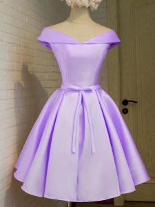 Comfortable Cap Sleeves Taffeta Knee Length Lace Up Quinceanera Dama Dress in Lavender with Belt