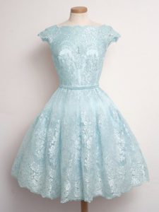 Graceful Light Blue A-line Scalloped Cap Sleeves Lace Knee Length Lace Up Lace Quinceanera Court of Honor Dress