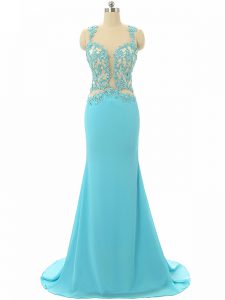Aqua Blue Sleeveless Chiffon Brush Train Backless Prom Gown for Prom and Military Ball and Sweet 16