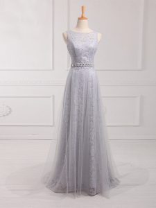 Grey Zipper Scoop Beading and Lace Quinceanera Court Dresses Tulle and Lace Sleeveless Brush Train