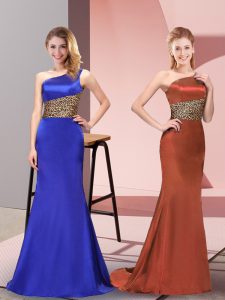 Royal Blue One Shoulder Side Zipper Pattern Prom Dresses Sleeveless