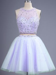 Simple Lavender Sleeveless Beading Knee Length Dama Dress for Quinceanera