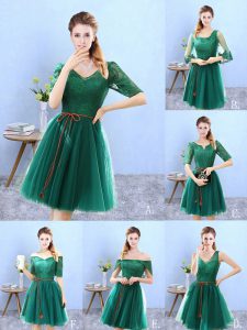 Affordable V-neck Half Sleeves Backless Quinceanera Dama Dress Green Tulle