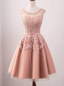 On Sale A-line Quinceanera Dama Dress Pink Scoop Tulle Sleeveless Knee Length Lace Up