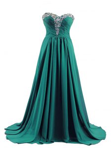 Dramatic Lace Up Prom Dresses Turquoise for Prom and Party and Beach with Beading Brush Train