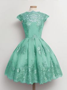 New Arrival Turquoise Cap Sleeves Tulle Lace Up Dama Dress for Prom and Party and Wedding Party