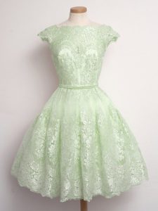 Latest Knee Length Yellow Green Dama Dress for Quinceanera Scalloped Cap Sleeves Lace Up