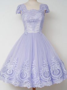 Modern Cap Sleeves Knee Length Lace Zipper Dama Dress with Lavender