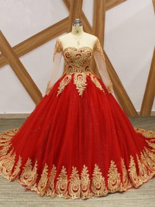 Elegant Wine Red Long Sleeves Beading and Appliques Lace Up Ball Gown Prom Dress