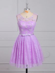 Exceptional Lilac Lace Up Quinceanera Court Dresses Appliques and Belt Sleeveless Mini Length