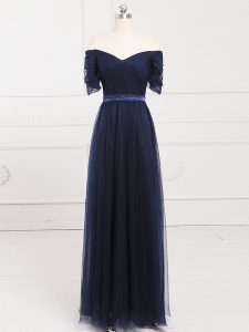 Navy Blue Empire Tulle Off The Shoulder Short Sleeves Ruching Floor Length Lace Up Damas Dress
