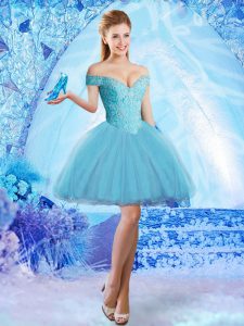 Off The Shoulder Sleeveless Lace Up Prom Party Dress Aqua Blue Tulle