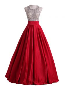 Satin Scoop Sleeveless Backless Beading Prom Gown in Red