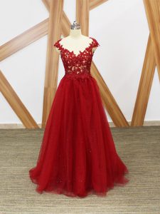 Graceful Red Tulle Criss Cross Sleeveless Floor Length Lace and Appliques