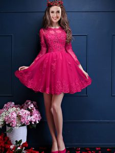 Fantastic Mini Length Hot Pink Dama Dress Scalloped 3 4 Length Sleeve Lace Up