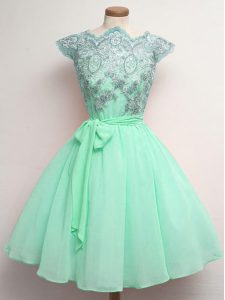 Suitable Apple Green A-line Scalloped Cap Sleeves Chiffon Knee Length Lace Up Lace and Belt Damas Dress