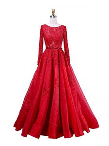 Red Scoop Zipper Beading and Lace Evening Dress Brush Train Long Sleeves