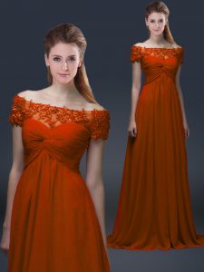 Latest Off The Shoulder Short Sleeves Prom Evening Gown Floor Length Appliques Rust Red Chiffon