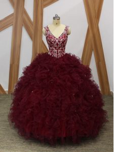 Sweet V-neck Sleeveless Ball Gown Prom Dress Floor Length Beading and Ruffles Burgundy Organza