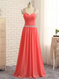 Extravagant Watermelon Red Dress for Prom Prom and Party and Wedding Party with Beading and Ruching Straps Sleeveless Criss Cross